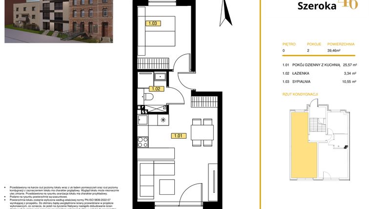 Rzut - Mieszkanie na sprzedaż 2 pokoje o powierzchni 38,5 m² - numer M1 w Apartamenty Szeroka 46