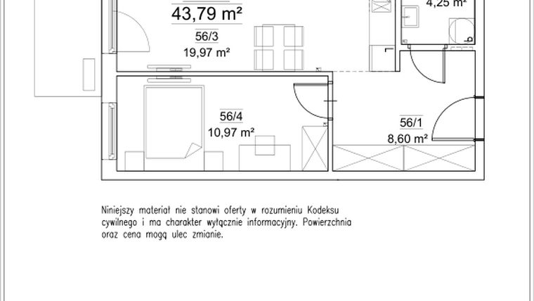 Rzut - Mieszkanie na sprzedaż 2 pokoje o powierzchni 43,79 m² - numer 5A/56 w FORTnatura etap II
