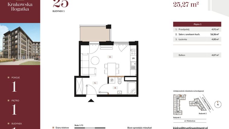 Rzut - Mieszkanie na sprzedaż 1 pokój o powierzchni 25,27 m² - numer 1.M25 w Krakowska Rogatka