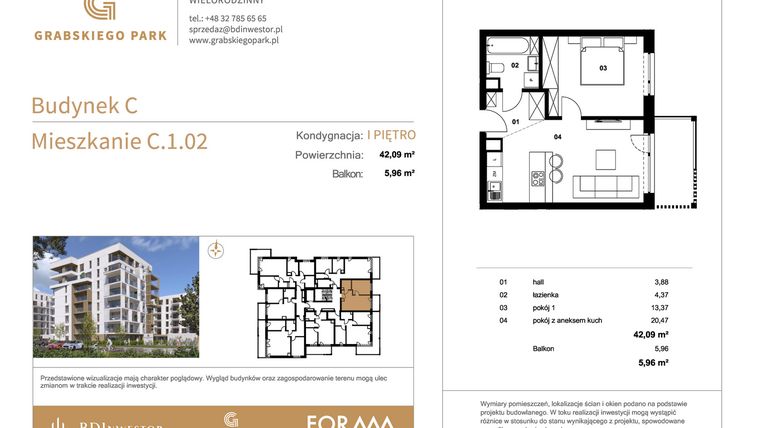 Rzut - Mieszkanie na sprzedaż 2 pokoje o powierzchni 42,09 m² - numer C.1.02 w Grabskiego Park
