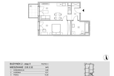 Rzut - Mieszkanie na sprzedaż 2 pokoje o powierzchni 47,11 m² - numer 2.B.3.32 w ATAL Apollina II