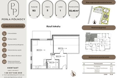 Rzut - Mieszkanie na sprzedaż 2 pokoje o powierzchni 55,46 m² - numer B2.2_1 w Perła Północy etap 2