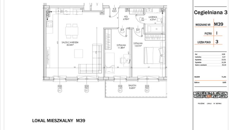 Rzut - Mieszkanie na sprzedaż 3 pokoje o powierzchni 71,5 m² - numer 39 w Osiedle StaLove etap I