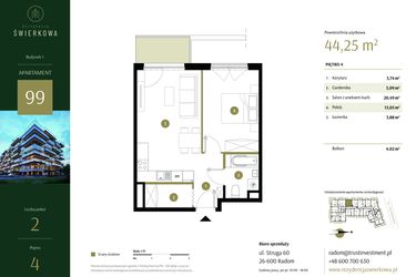 Rzut - Mieszkanie na sprzedaż 2 pokoje o powierzchni 44,25 m² - numer 99 w Rezydencja Świerkowa