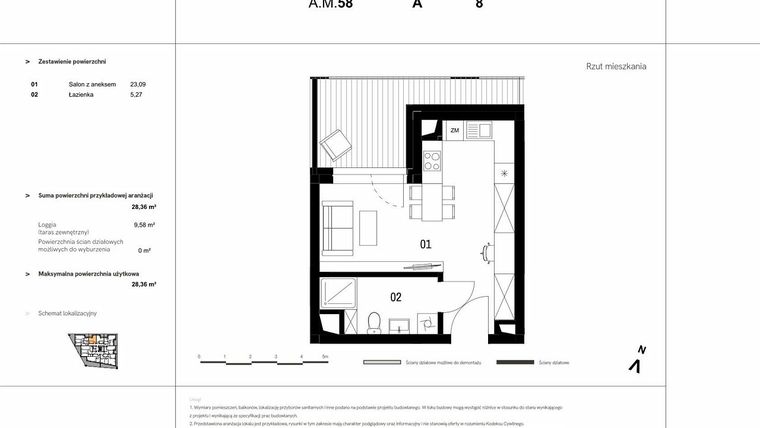Rzut - Mieszkanie na sprzedaż 1 pokój o powierzchni 28,36 m² - numer A.M.58 w VIDOK