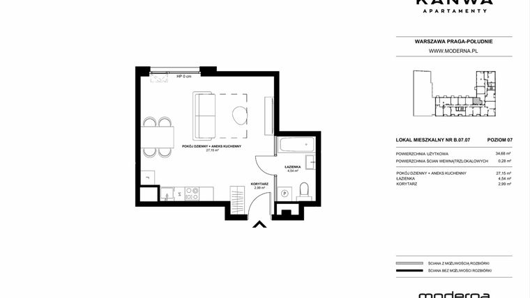 Rzut - Mieszkanie na sprzedaż 1 pokój o powierzchni 34,68 m² - numer B.07.07 w KANWA