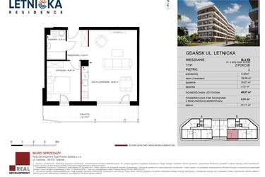 Rzut - Mieszkanie na sprzedaż 2 pokoje o powierzchni 49,87 m² - numer B.3.54 w Letnicka Residence