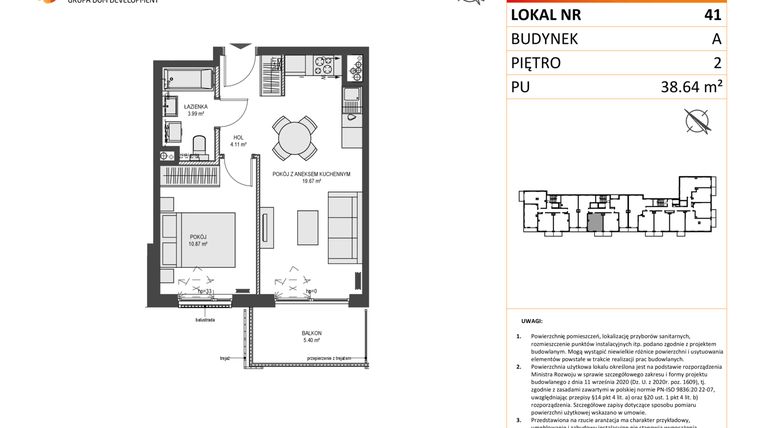 Rzut - Mieszkanie na sprzedaż 2 pokoje o powierzchni 38,64 m² - numer A41 w Przystań Brzeźno