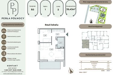 Rzut - Mieszkanie na sprzedaż 2 pokoje o powierzchni 39,43 m² - numer B2.1_2 w Perła Północy etap 2