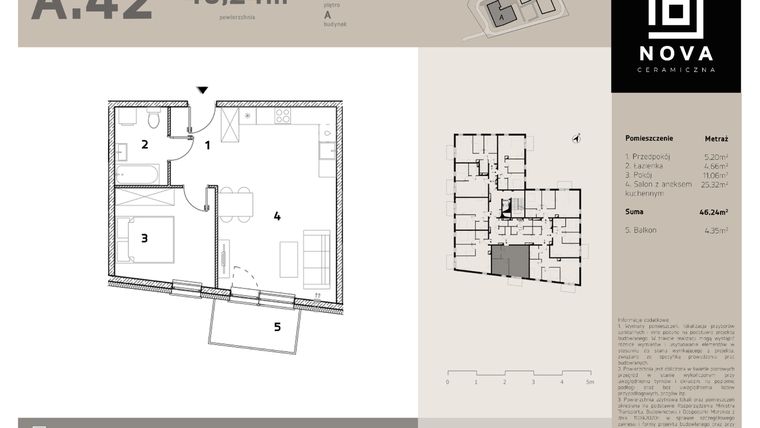 Rzut - Mieszkanie na sprzedaż 2 pokoje o powierzchni 46,24 m² - numer A42 w Nova Ceramiczna