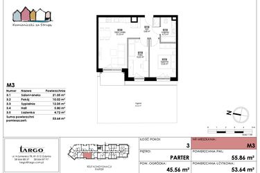 Rzut - Mieszkanie na sprzedaż 3 pokoje o powierzchni 53,64 m² - numer M3 w Kamieniczki za Strugą