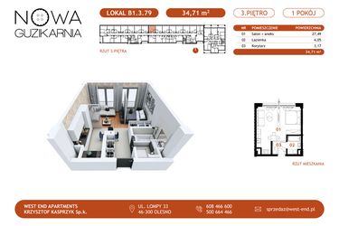 Rzut - Mieszkanie na sprzedaż 1 pokój o powierzchni 34,71 m² - numer B1.3.79 w Nowa Guzikarnia