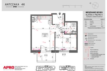 Rzut - Mieszkanie na sprzedaż 2 pokoje o powierzchni 38,8 m² - numer M33 w Antczaka 46