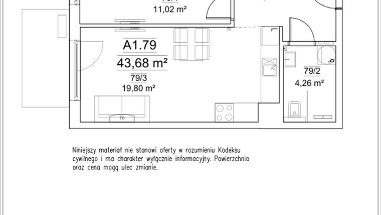 Rzut - Mieszkanie na sprzedaż 2 pokoje o powierzchni 43,68 m² - numer A1.79 w FORTnatura