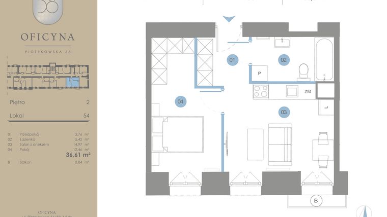 Rzut - Mieszkanie na sprzedaż 2 pokoje o powierzchni 36,61 m² - numer 54 w Oficyna - mieszkania
