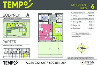 Rzut - Mieszkanie na sprzedaż 2 pokoje o powierzchni 45,09 m² - numer A6 w Osiedle TEMPO