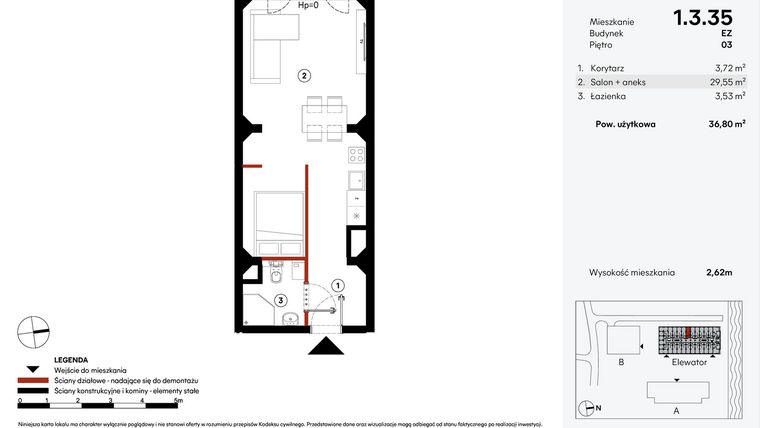 Rzut - Mieszkanie na sprzedaż 1 pokój o powierzchni 36,8 m² - numer EZ.1.3.35 w Elewator - Mieszkania i Lofty