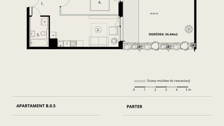 Rzut - Mieszkanie na sprzedaż 2 pokoje o powierzchni 43,07 m² - numer B/0/5 w Ogrodowa 12