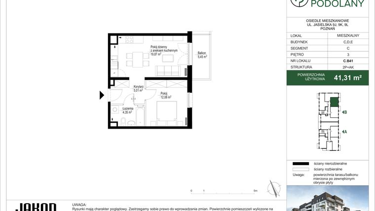 Rzut - Mieszkanie na sprzedaż 2 pokoje o powierzchni 41,18 m² - numer C.B41 w Sielskie Podolany II