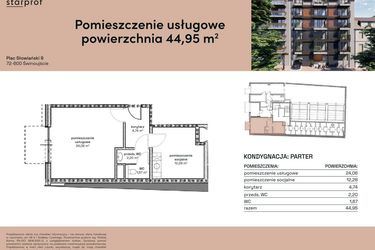 Rzut - Lokal użytkowy na sprzedaż 3 pokoje o powierzchni 44,95 m² - numer L.U.1 w Plac Słowiański 9