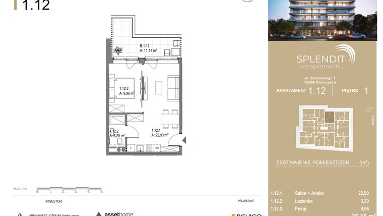 Rzut - Mieszkanie na sprzedaż 2 pokoje o powierzchni 36,15 m² - numer 1.12 w Splendit Świnoujście