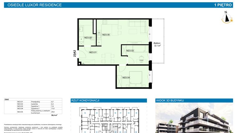 Rzut - Mieszkanie na sprzedaż 3 pokoje o powierzchni 58,4 m² - numer A2.23 w Luxor Residence