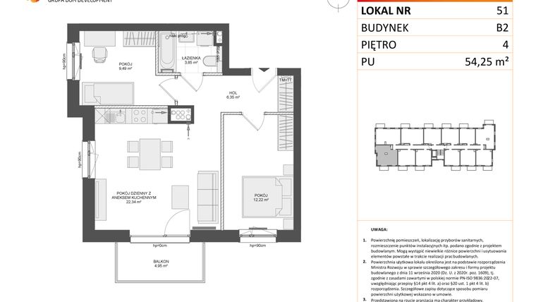Rzut - Mieszkanie na sprzedaż 3 pokoje o powierzchni 54,25 m² - numer B2.51 w Osiedle Przy Błoniach 3 etap III