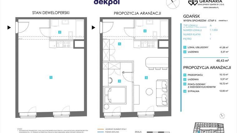Rzut - Mieszkanie na sprzedaż 1 pokój o powierzchni 46,43 m² - numer 1.1.003 w Granaria