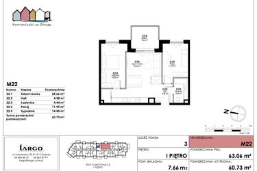 Rzut - Mieszkanie na sprzedaż 3 pokoje o powierzchni 60,73 m² - numer M22 w Kamieniczki za Strugą
