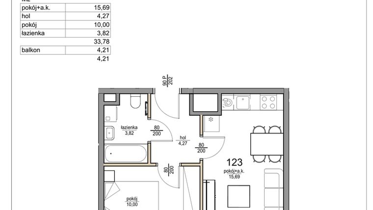 Rzut - Mieszkanie na sprzedaż 2 pokoje o powierzchni 33,78 m² - numer 123 w Rezydencja Liwska 3