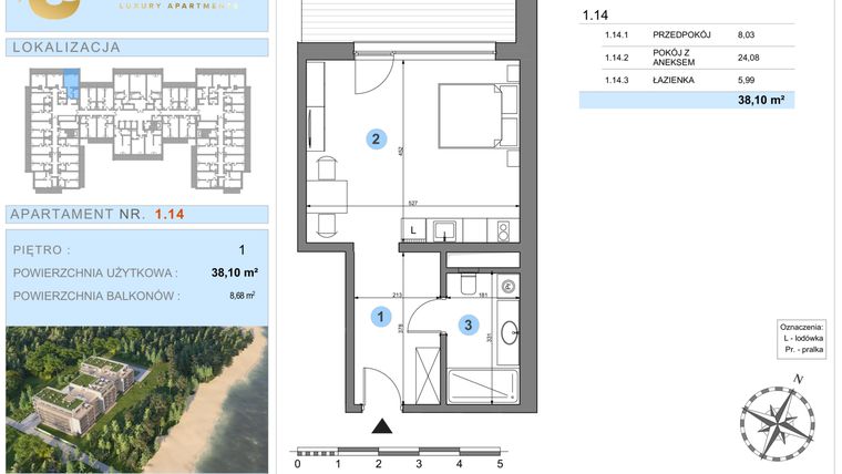 Rzut - Mieszkanie na sprzedaż 1 pokój o powierzchni 37,03 m² - numer 1.14 w Ustronie Luxury Apartments