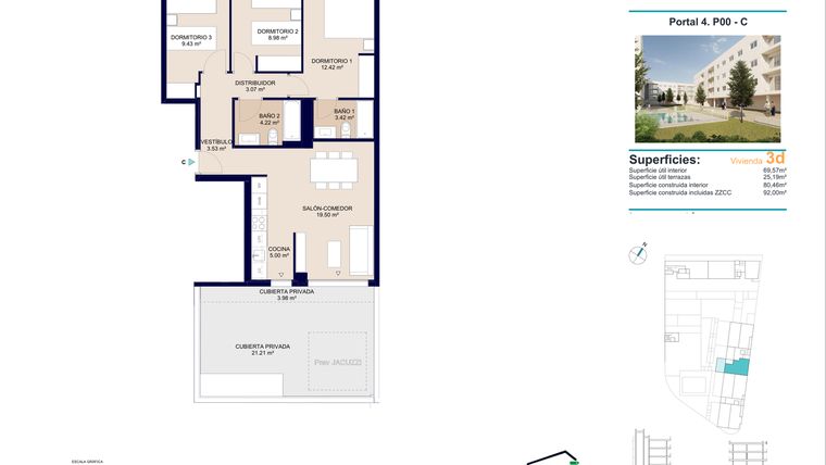 Rzut - Mieszkanie na sprzedaż 3 pokoje o powierzchni 92 m² - numer 0-C w Mieszkania w Alicante - 48158915