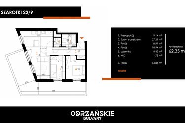 Rzut - Mieszkanie na sprzedaż 3 pokoje o powierzchni 62,35 m² - numer 22/9 w Odrzańskie Bulvary