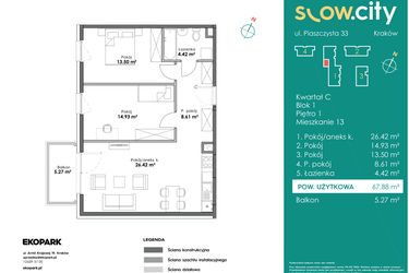 Rzut - Mieszkanie na sprzedaż 3 pokoje o powierzchni 67,88 m² - numer C1-13 w Slow City