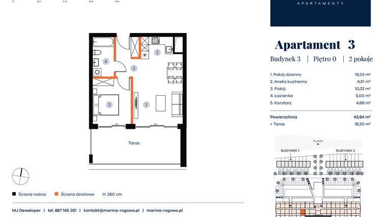 Rzut - Mieszkanie na sprzedaż 2 pokoje o powierzchni 43,84 m² - numer 3 w Apartamenty Marina Rogowo
