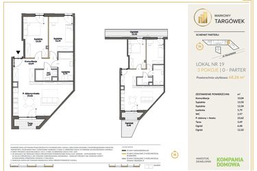 Rzut - Mieszkanie na sprzedaż 3 pokoje o powierzchni 68,36 m² - numer 19 w Markowy Targówek