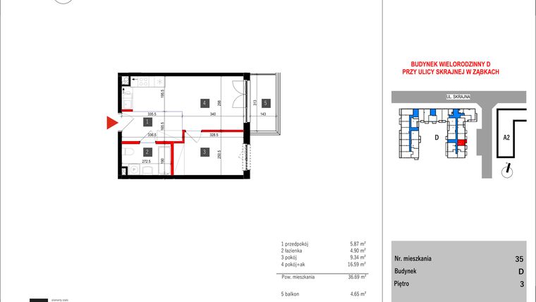 Rzut - Mieszkanie na sprzedaż 2 pokoje o powierzchni 36,69 m² - numer D.35 w Skrajna 9 bud. D