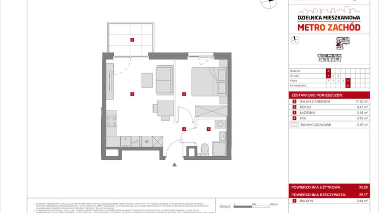 Rzut - Mieszkanie na sprzedaż 2 pokoje o powierzchni 33,2 m² - numer B.37 w Dzielnica Mieszkaniowa Metro Zachód - etap 8.2
