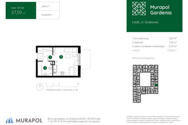 Rzut - Mieszkanie na sprzedaż 1 pokój o powierzchni 27,5 m² - numer 1.B.1.06 w Murapol Gardenia