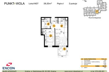 Rzut - Mieszkanie na sprzedaż 2 pokoje o powierzchni 39,2 m² - numer M27 w Punkt Wola