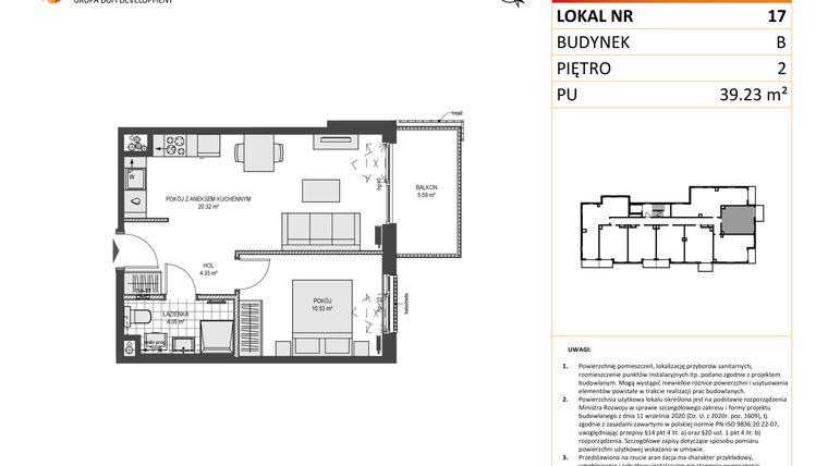 Rzut - Mieszkanie na sprzedaż 2 pokoje o powierzchni 39,23 m² - numer B17 w Przystań Brzeźno etap 1.2