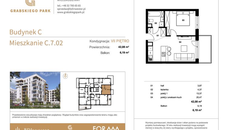 Rzut - Mieszkanie na sprzedaż 2 pokoje o powierzchni 42,08 m² - numer C.7.02 w Grabskiego Park