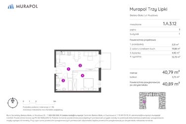 Rzut - Mieszkanie na sprzedaż 2 pokoje o powierzchni 40,89 m² - numer 1.A.3.12 w Murapol Trzy Lipki