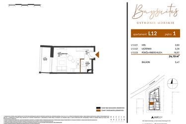 Rzut - Mieszkanie na sprzedaż 1 pokój o powierzchni 24,19 m² - numer AP.1.12 w Baysuites