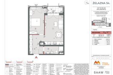 Rzut - Mieszkanie na sprzedaż 2 pokoje o powierzchni 46,56 m² - numer A.01.13 w Żelazna 54