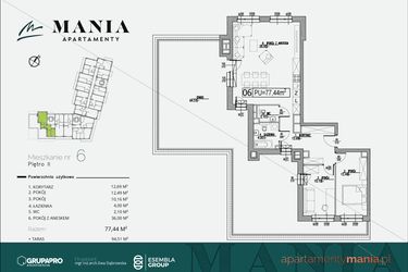 Rzut - Mieszkanie na sprzedaż 3 pokoje o powierzchni 77,44 m² - numer 6 w MANIA Apartamenty