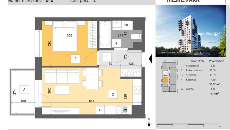 Rzut - Mieszkanie na sprzedaż 2 pokoje o powierzchni 36,32 m² - numer 40 w Dworzysko Park - Etap III