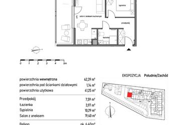 Rzut - Mieszkanie na sprzedaż 2 pokoje o powierzchni 42,39 m² - numer 1.4.5. w Dywizjonu 303