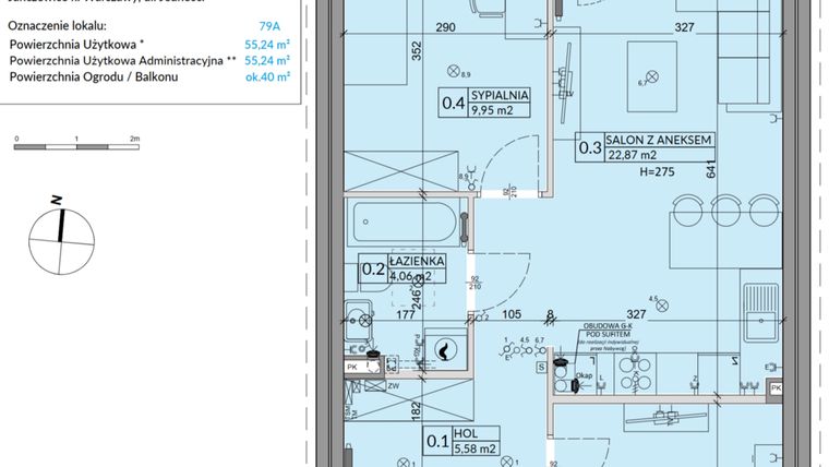 Rzut - Mieszkanie na sprzedaż 3 pokoje o powierzchni 55,24 m² - numer 79A w Osiedle Młodych etap VII