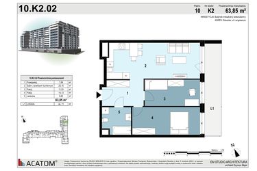 Rzut - Mieszkanie na sprzedaż 3 pokoje o powierzchni 63,83 m² - numer 10.K2.02 w Langiewicza 37